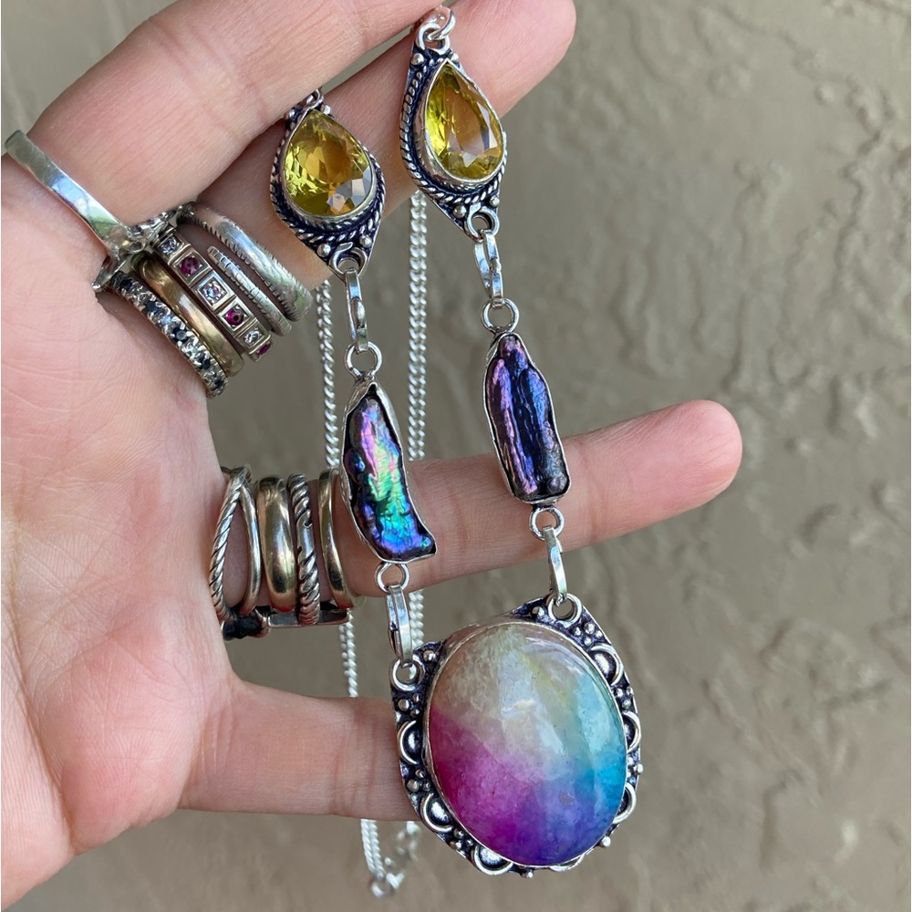 925 sterling silver overlay citrine black pearl Rainbow solar quartz necklace - Picture 15 of 15